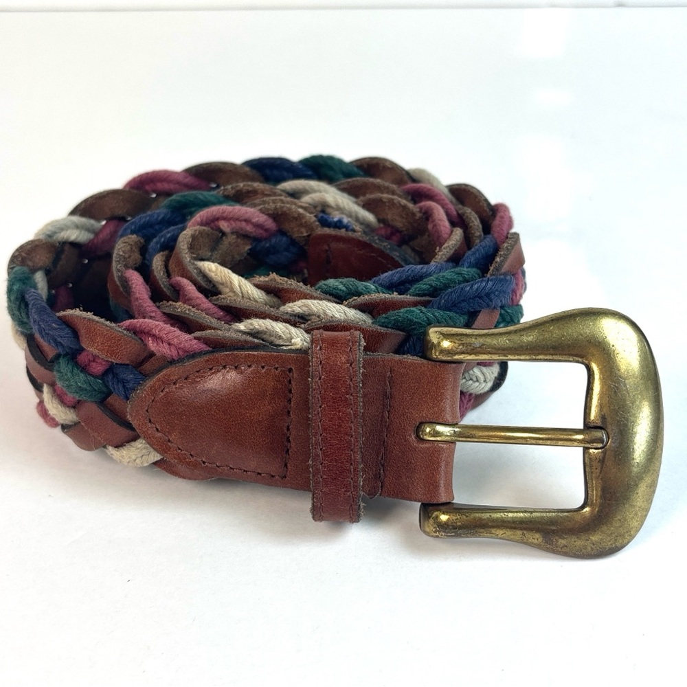 Vintage Braided Multicolor‎ Leather & Fabric Preppy Belt with Heavy Brass Buckle